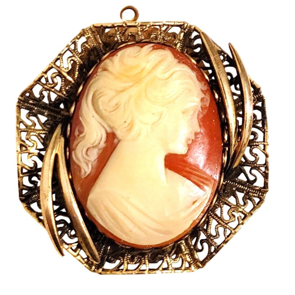 Gold-Tone Necklace Charm Carved Oval Resin Victorian Lady Portrait Cameo Pendant